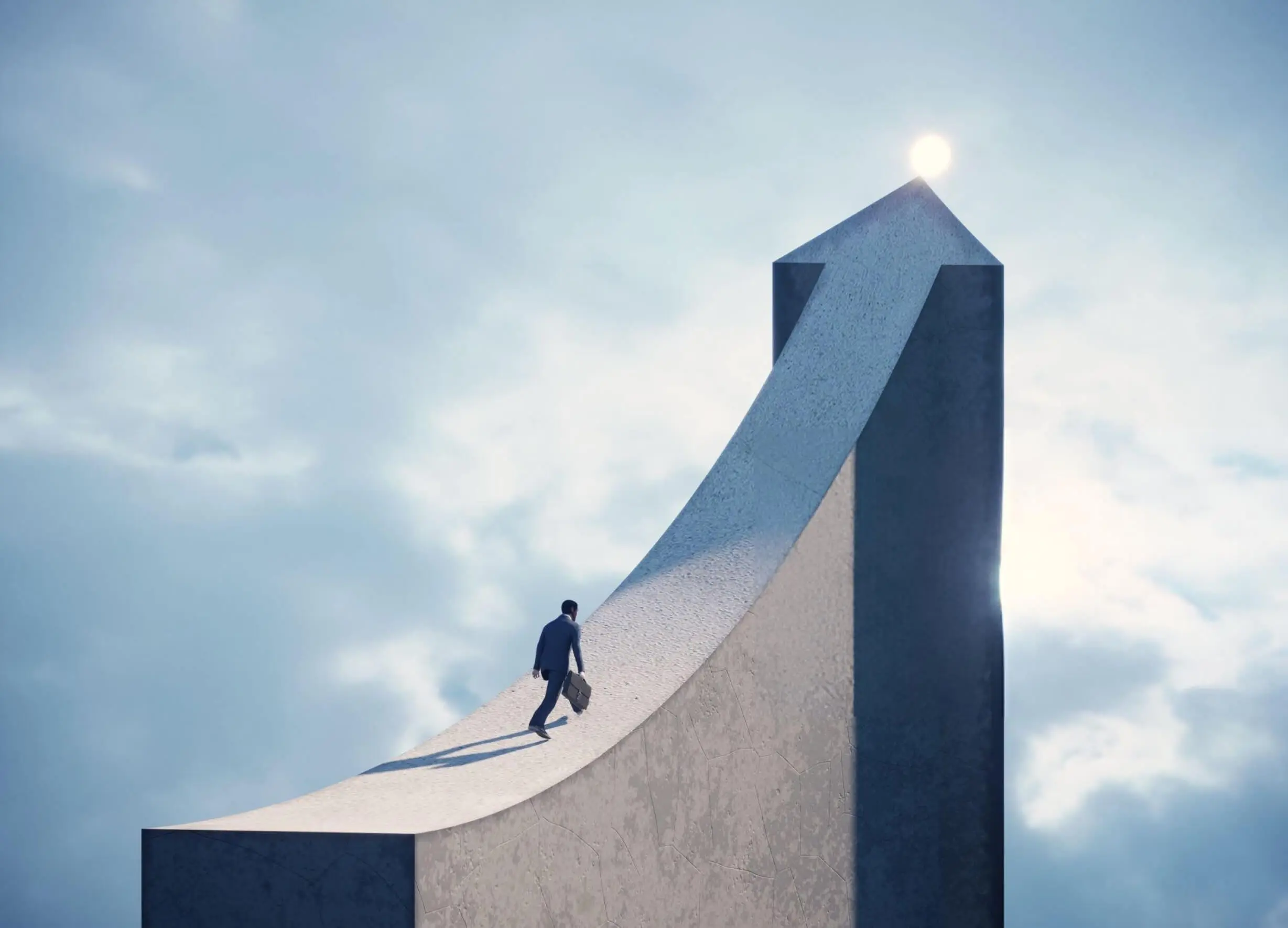 Business man running on arrow shaped bridge to the top light