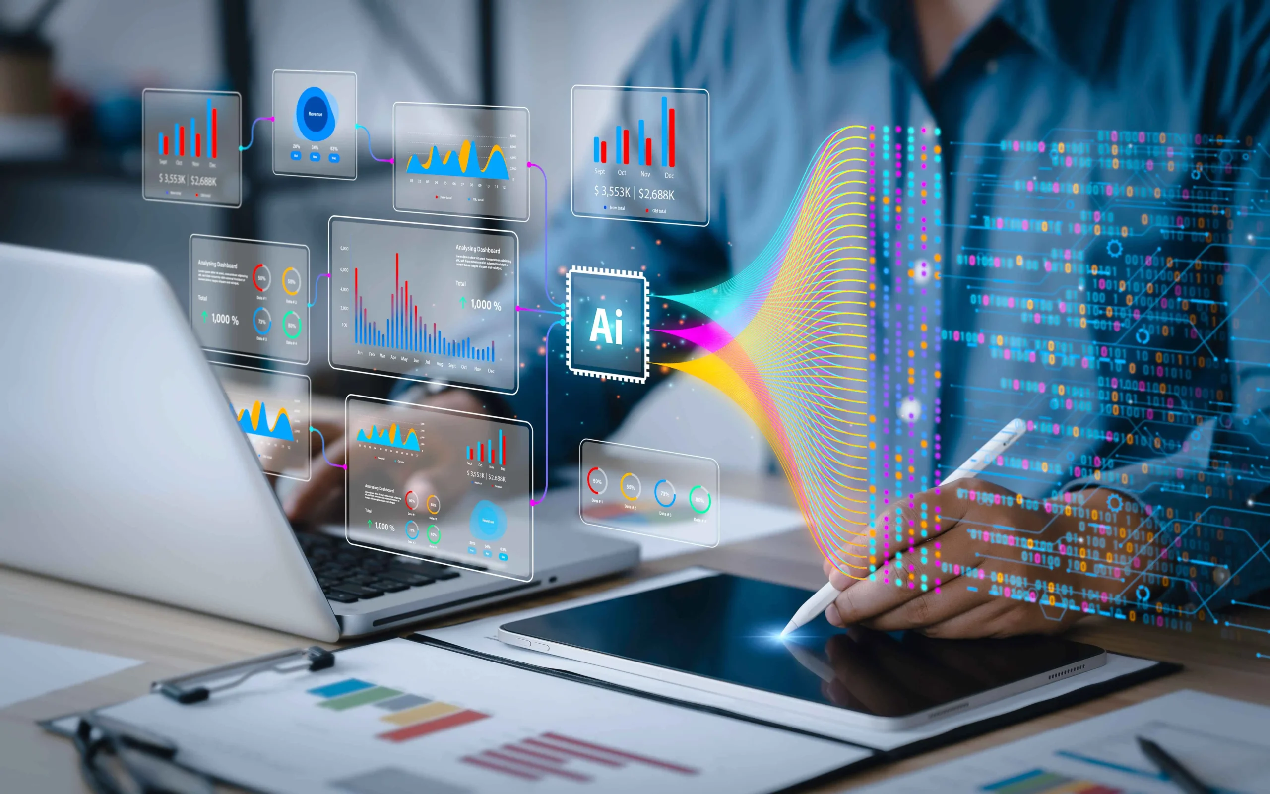 Data analysis science and big data with AI technology. Analyst or Scientist uses a computer and dashboard for analysis of information on business on computer. Insights development engineer.