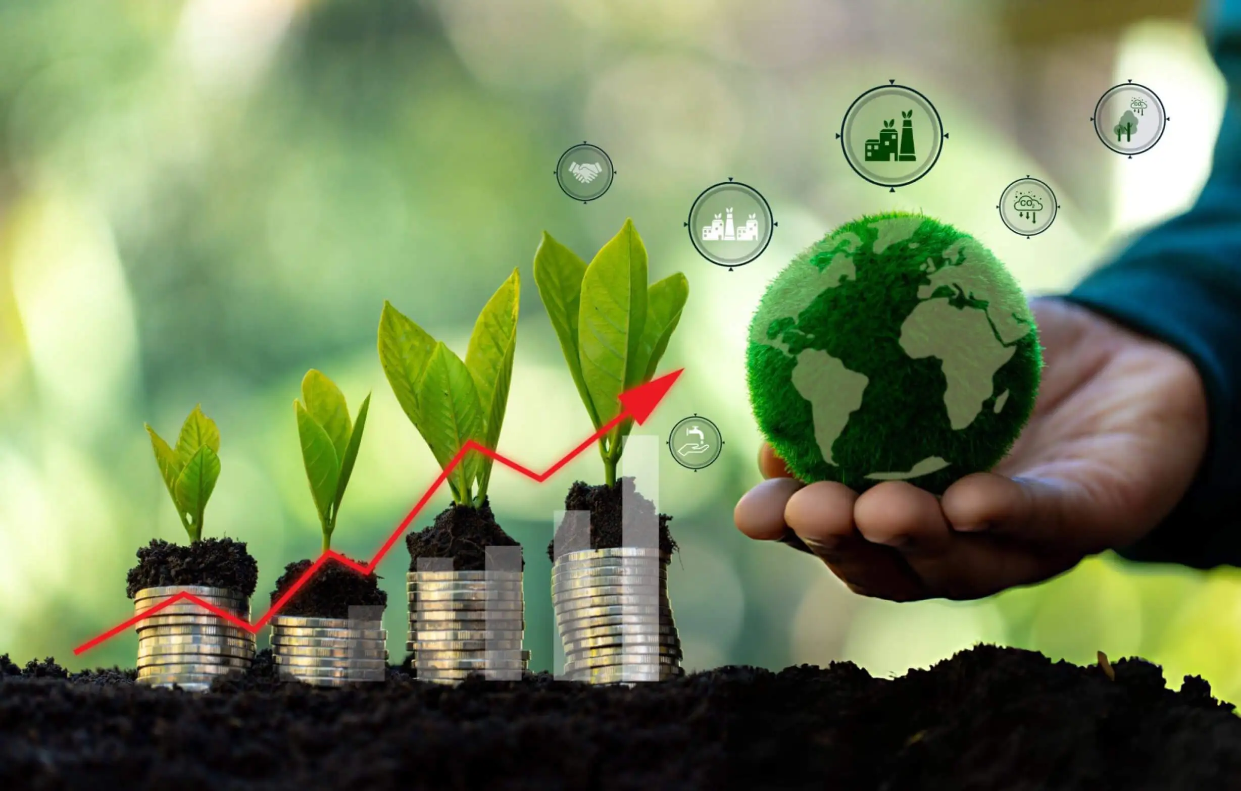 Green finance icon symbolizes business growth, driving economic development and financial prosperity as economy continues to grow and generate more money. 