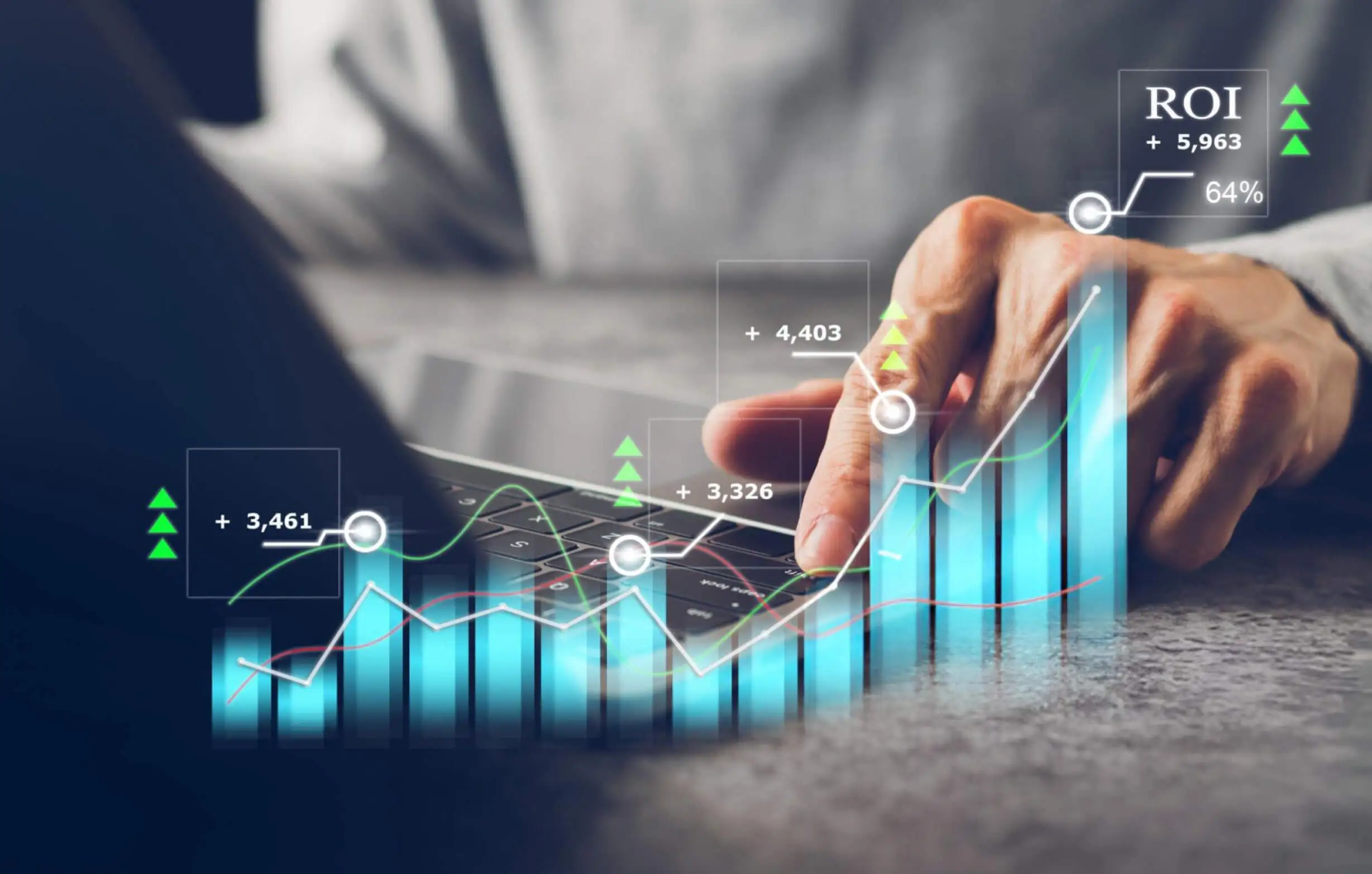 Laptop or computer with chart. Investment in business and financial concept of growth and success. 